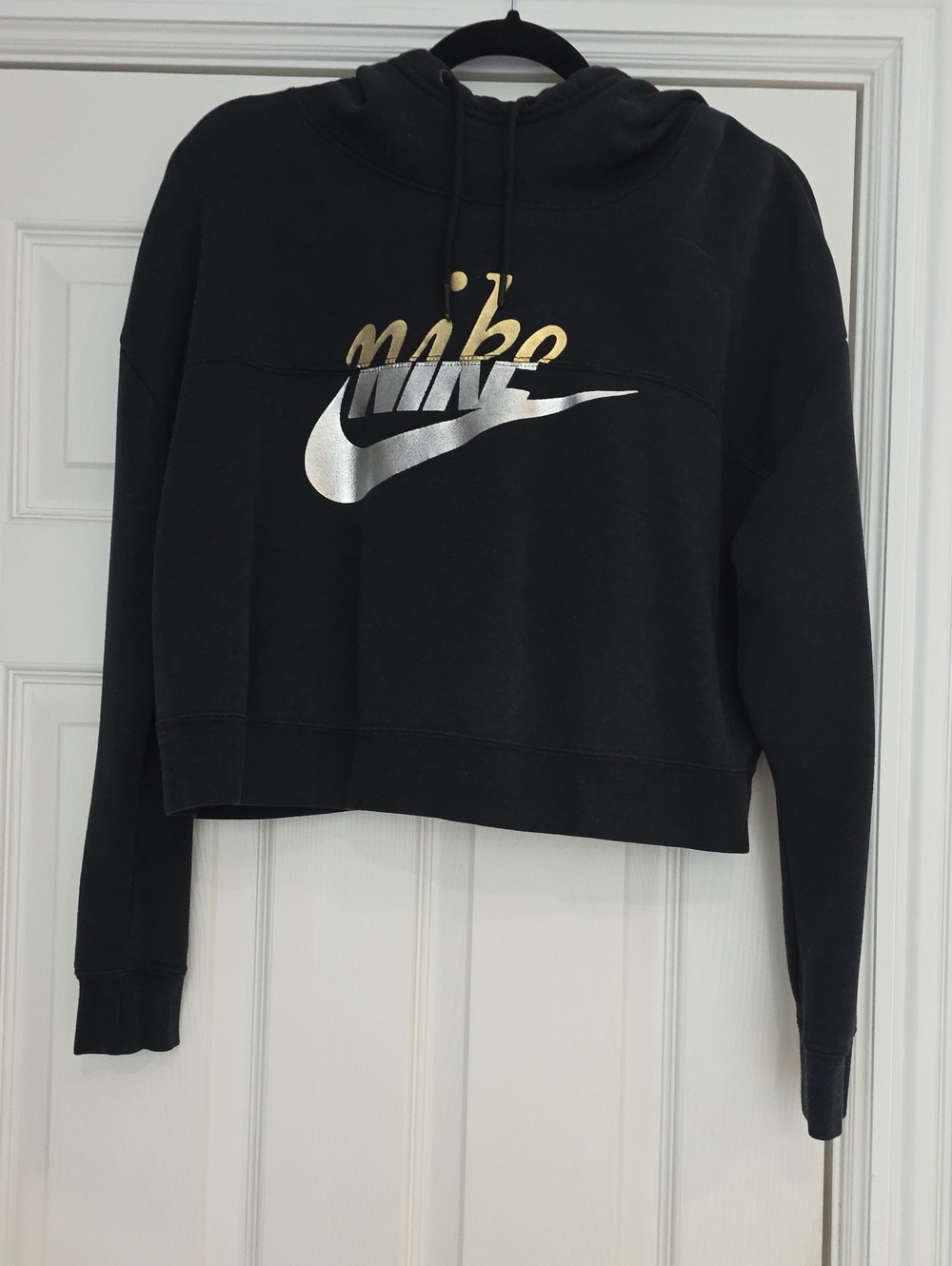 Nike Black Cropped Crewneck Sweatshirt with Silver Swoosh and Gold Script